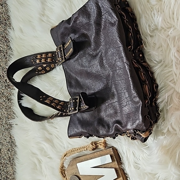 Vintage Betsey Johnson Brown Shoulder Bag with Chain and Stud Trim - Picture 1 of 12